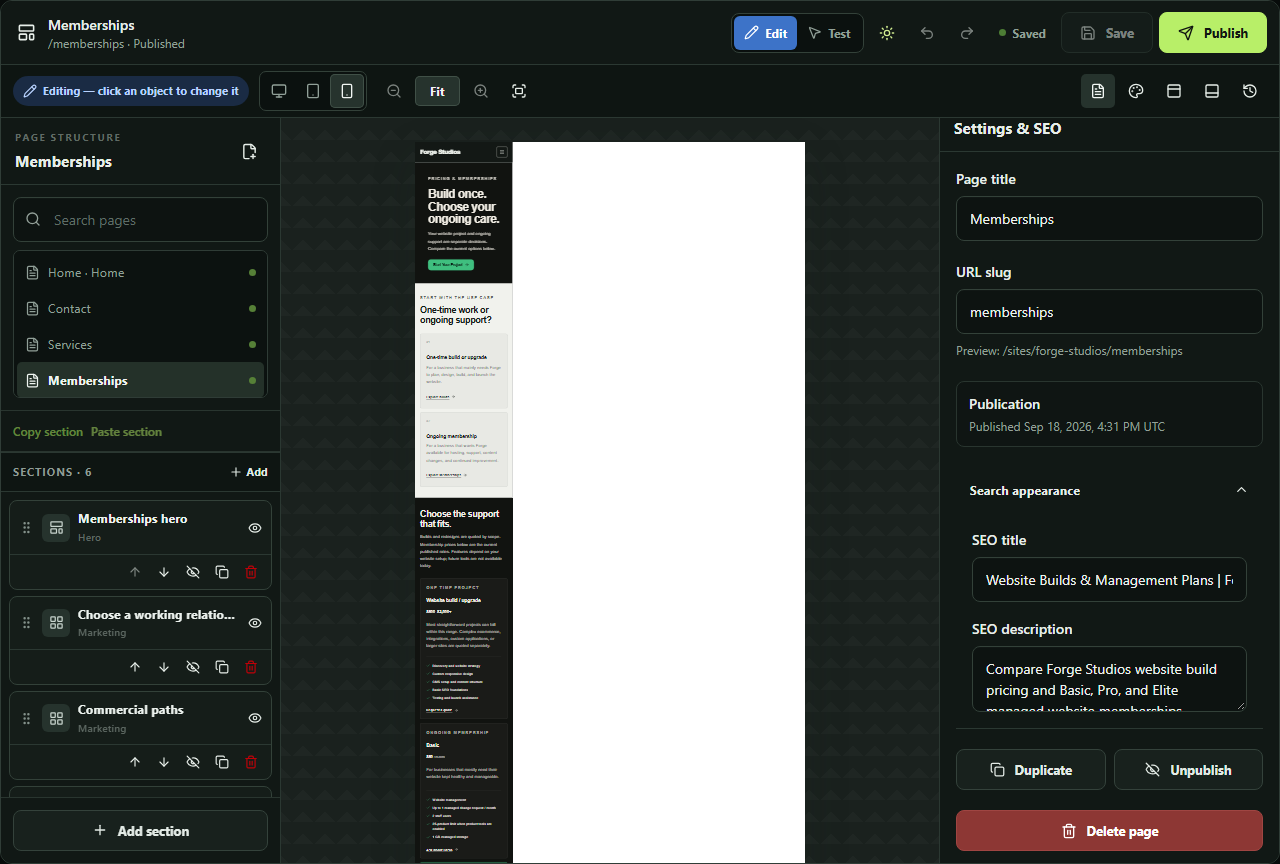 Actual Swade page settings showing the Memberships title, URL, publication state, and search appearance